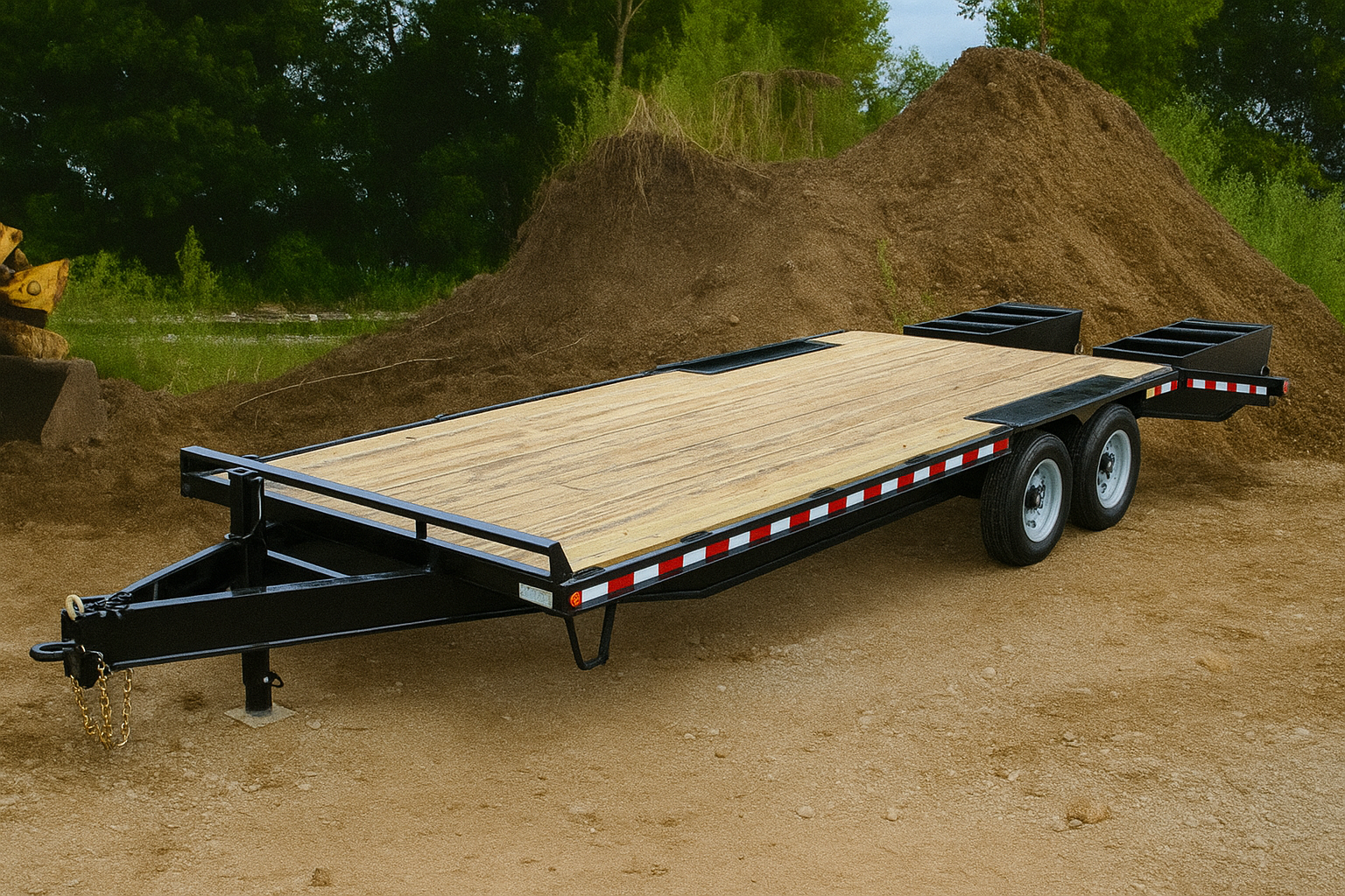 Tandem axle flatbed equipment trailer with wood deck built at A3 Mechanic in Apopka, FL